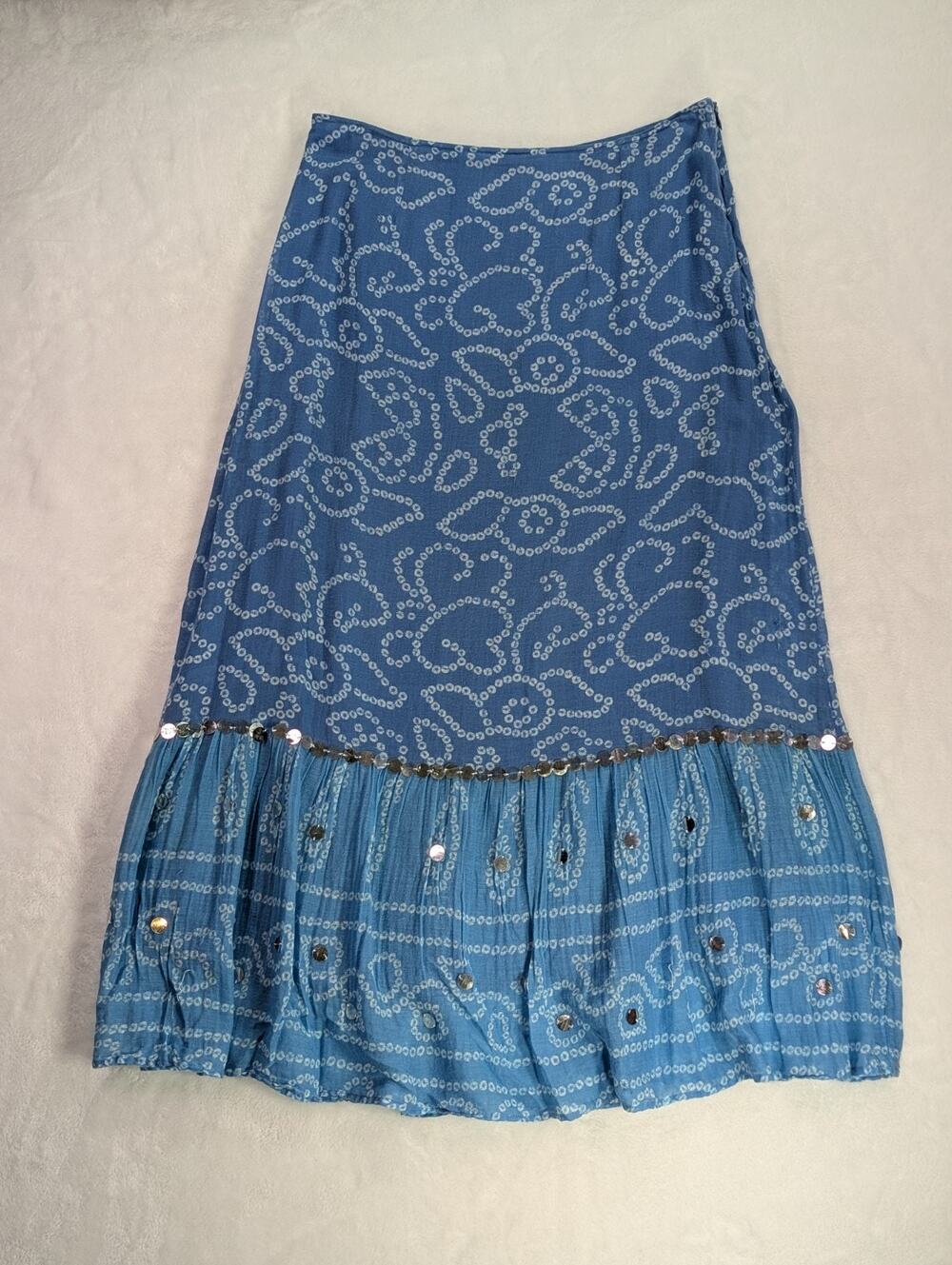 VTG 90s Bill Blass Womens Sz 6 Blue Tiered Boho Maxi Skirt Batik Sequined